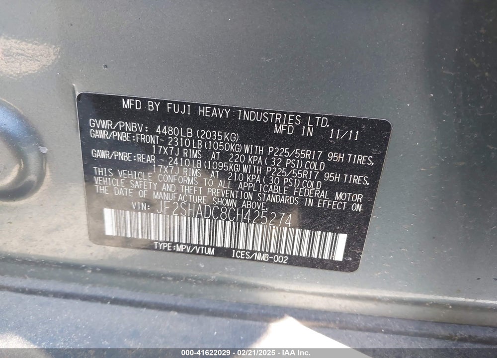 2012 SUBARU FORESTER VIN: JF2SHADC8CH425274
