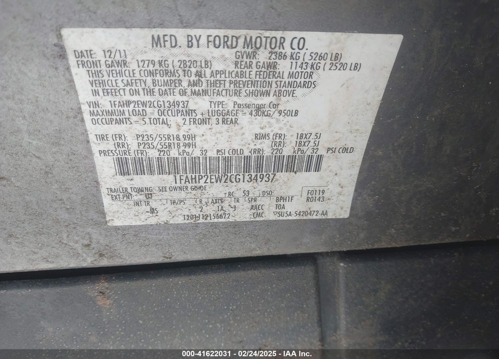 2012 FORD TAURUS VIN: 1FAHP2EW2CG134937