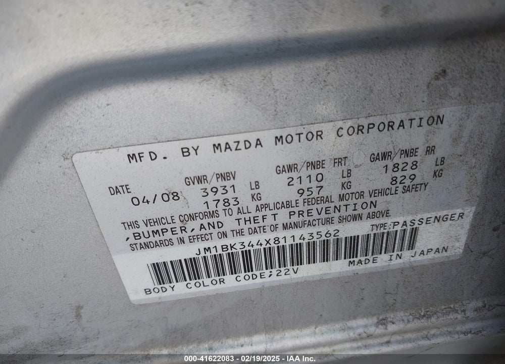 2008 MAZDA 3 S SPORT VIN: JM1BK344X81143562