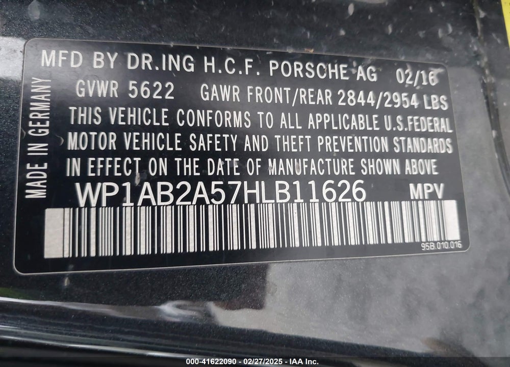2017 PORSCHE MACAN S VIN: WP1AB2A57HLB11626