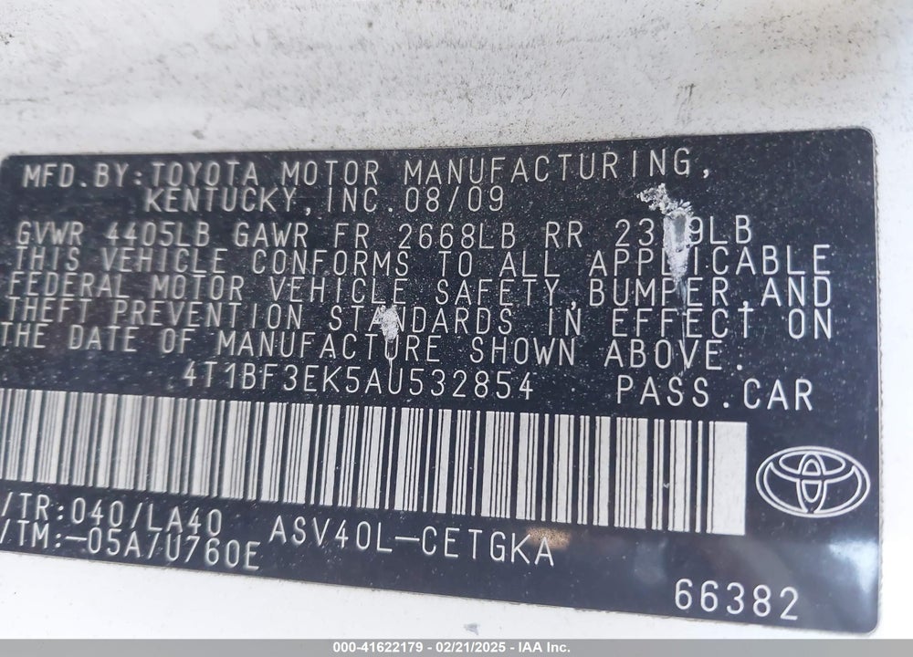 2010 TOYOTA CAMRY VIN: 4T1BF3EK5AU532854