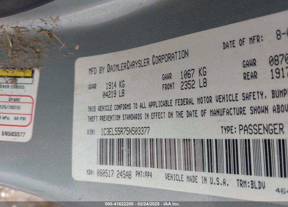 2005 CHRYSLER SEBRING TOURING VIN: 1C3EL55R75N503377