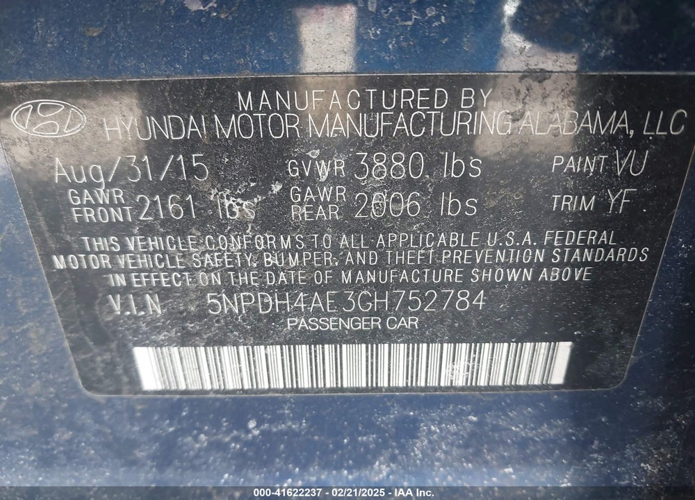 2016 HYUNDAI ELANTRA VIN: 5NPDH4AE3GH752784