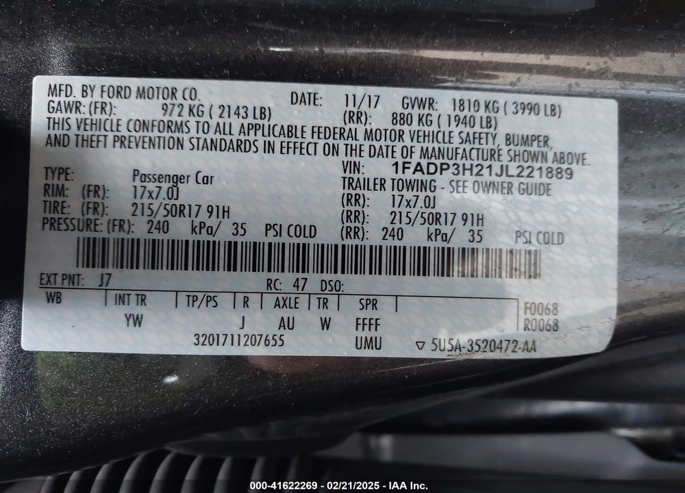 2018 FORD FOCUS VIN: 1FADP3H21JL221889
