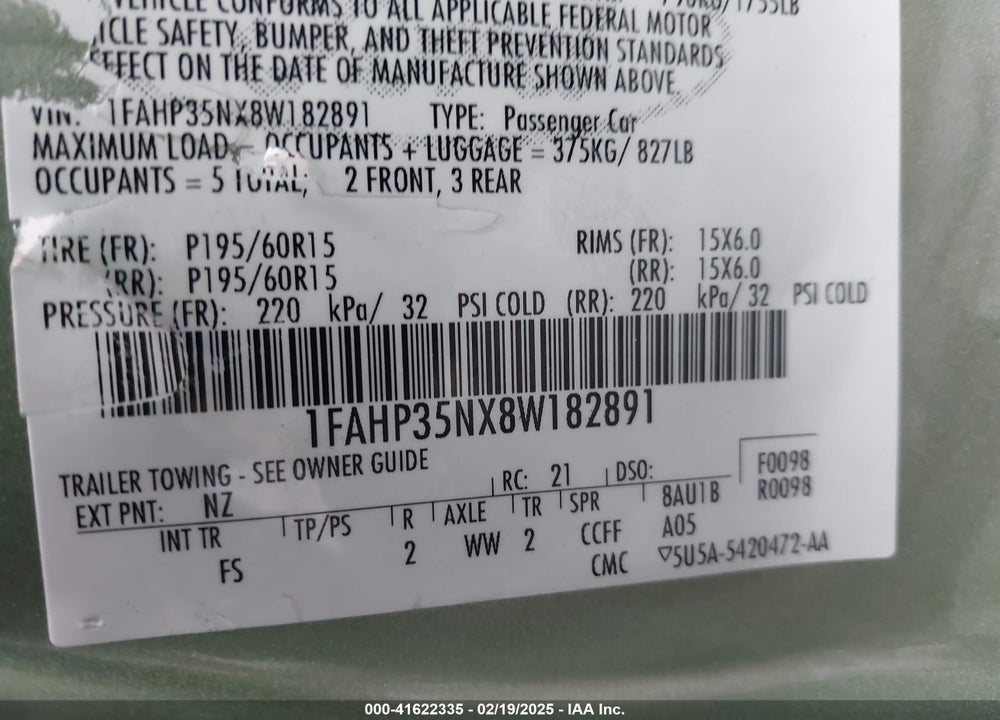 2008 FORD FOCUS VIN: 1FAHP35NX8W182891