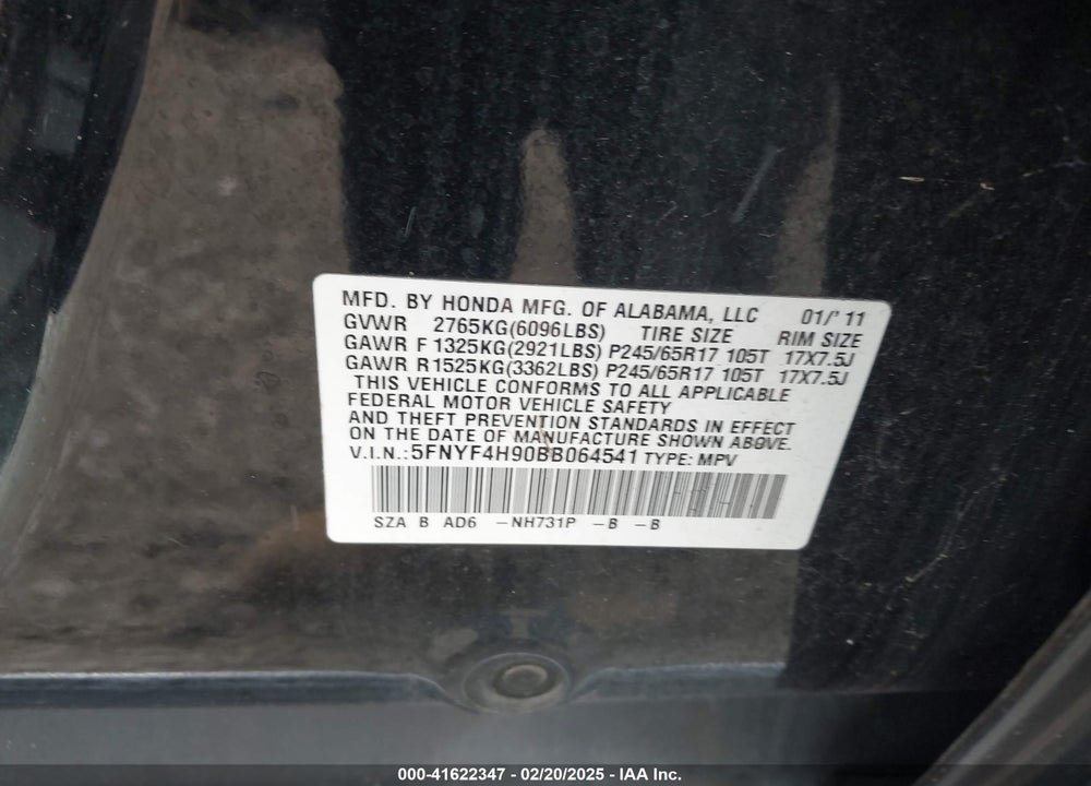 2011 HONDA PILOT TOURING VIN: 5FNYF4H90BB064541