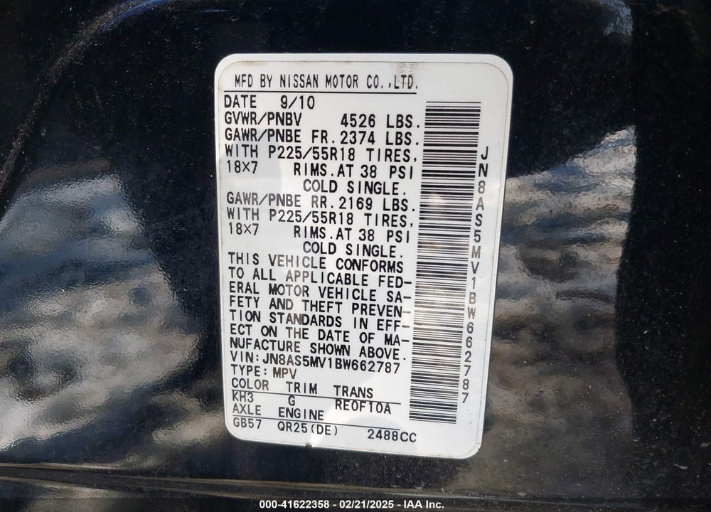 2011 NISSAN ROGUE VIN: JN8AS5MV1BW662787