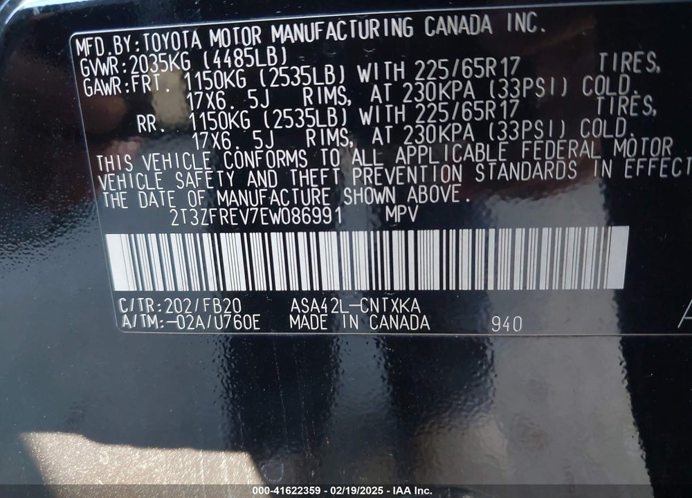 2014 TOYOTA RAV4 VIN: 2T3ZFREV7EW086991