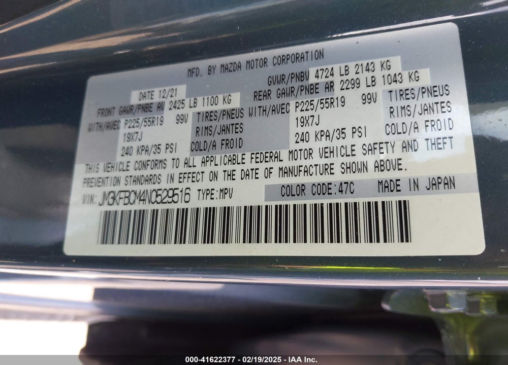2022 MAZDA CX-5 2.5 S CARBON EDITION VIN: JM3KFBCM4N0529516