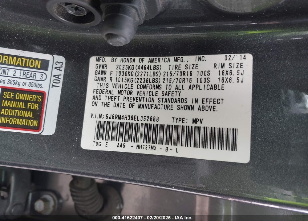 2014 HONDA CR-V LX VIN: 5J6RM4H39EL052888