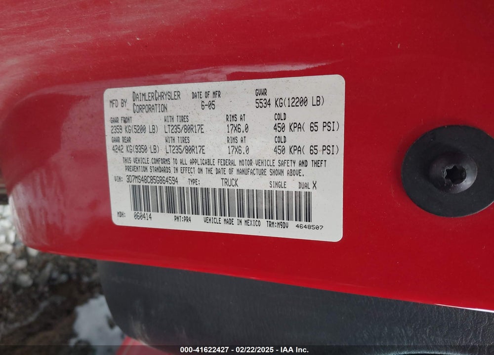 2005 DODGE RAM 3500 VIN: 3D7MS48C85G864594
