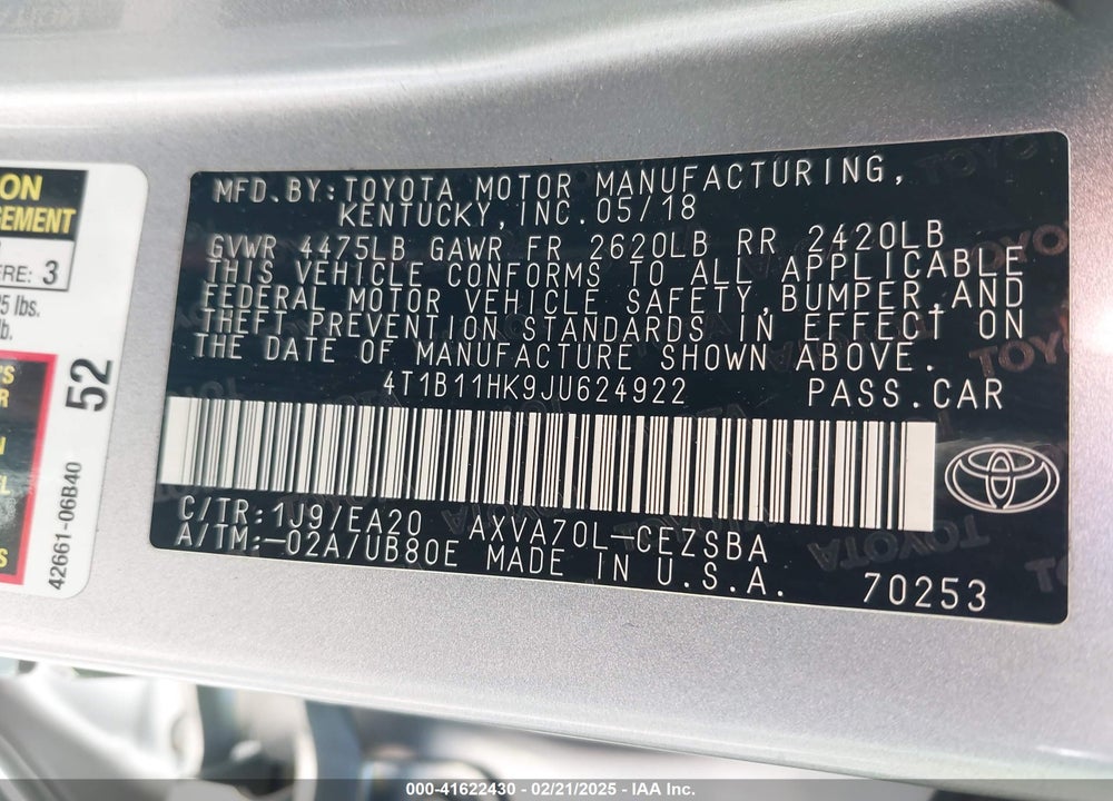 2018 TOYOTA CAMRY VIN: 4T1B11HK9JU624922