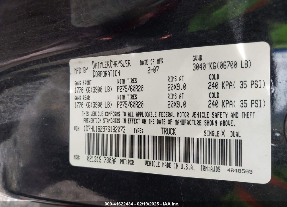 2007 DODGE RAM 1500 VIN: 1D7HU18297S192073