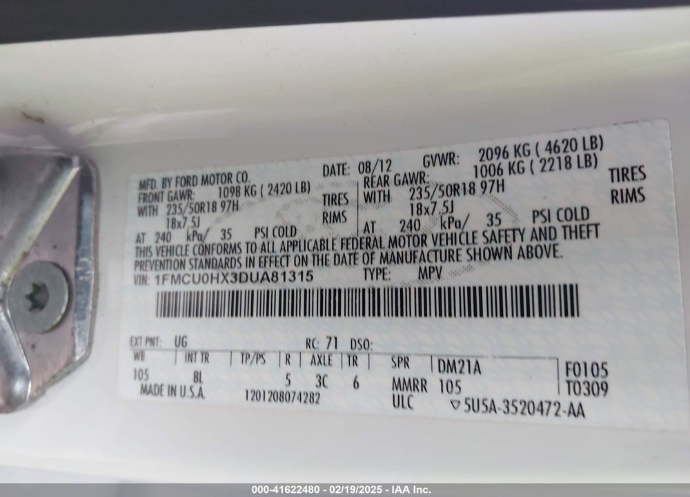 2013 FORD ESCAPE SEL VIN: 1FMCU0HX3DUA81315