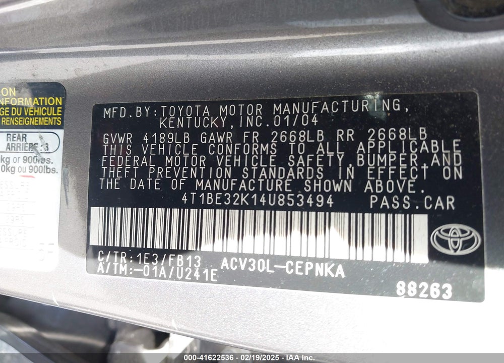 2004 TOYOTA CAMRY LE VIN: 4T1BE32K14U853494