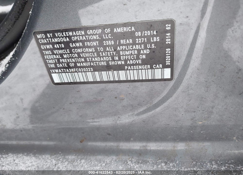 2015 VOLKSWAGEN PASSAT VIN: 1VWAT7A36FC020223