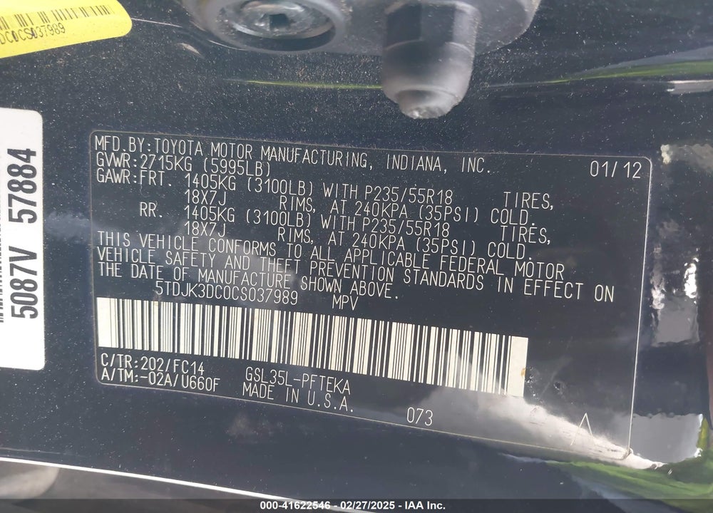 2012 TOYOTA SIENNA VIN: 5TDJK3DC0CS037989