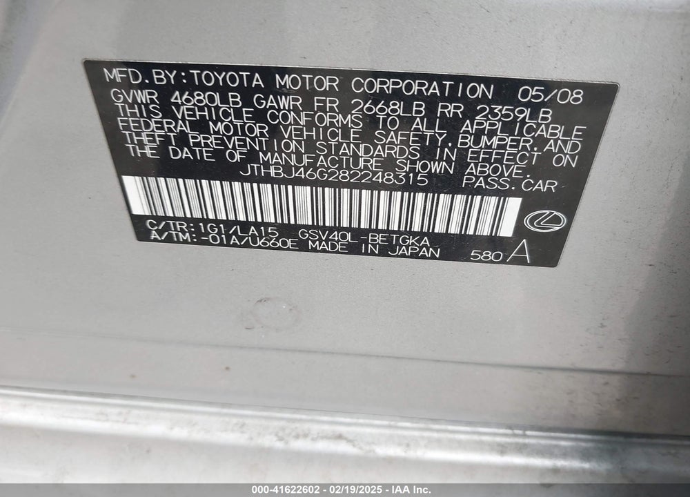2008 LEXUS ES 350 VIN: JTHBJ46G282248315