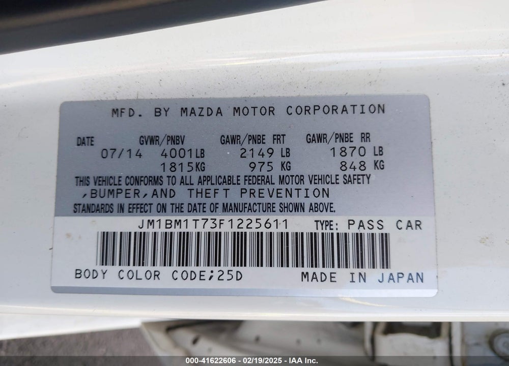 2015 MAZDA MAZDA3 VIN: JM1BM1T73F1225611