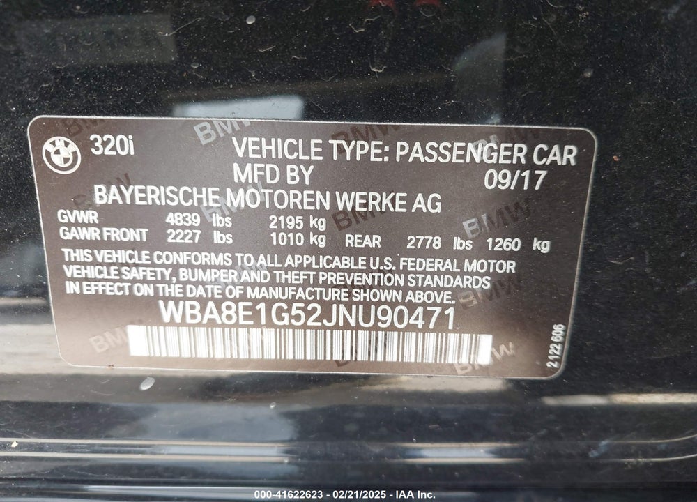 2018 BMW 320 VIN: WBA8E1G52JNU90471