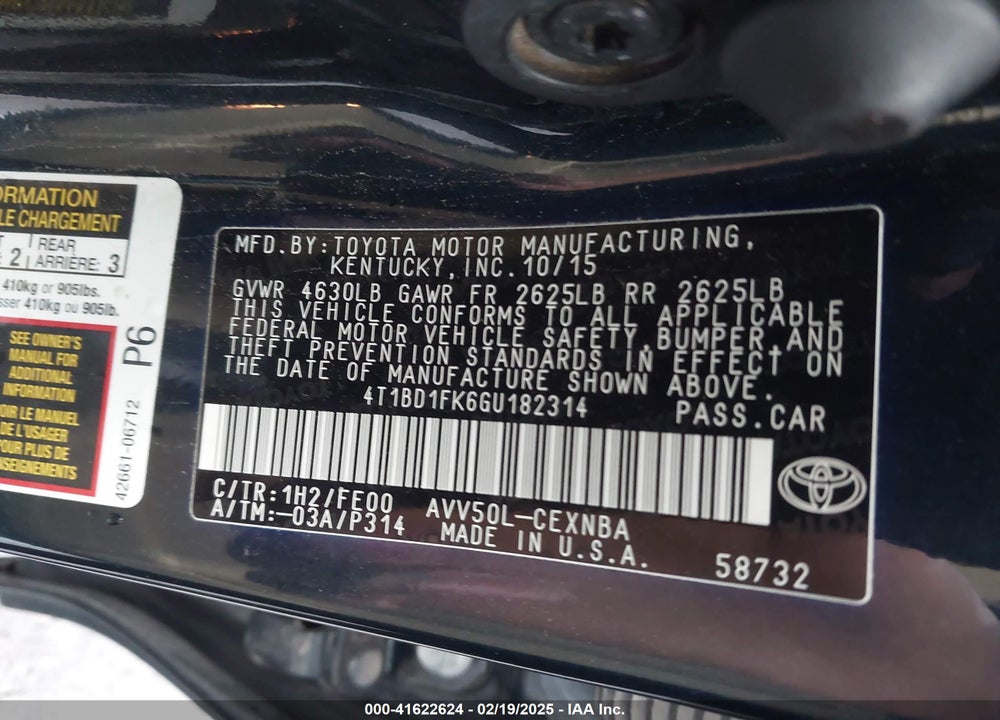 2016 TOYOTA CAMRY HYBRID VIN: 4T1BD1FK6GU182314