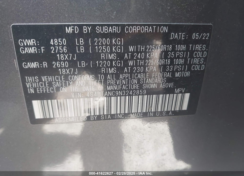 2022 SUBARU OUTBACK VIN: 4S4BTANC9N3242859