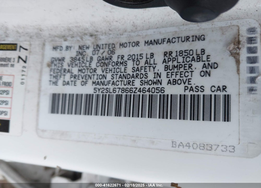 2006 PONTIAC VIBE VIN: 5Y2SL67866Z464056