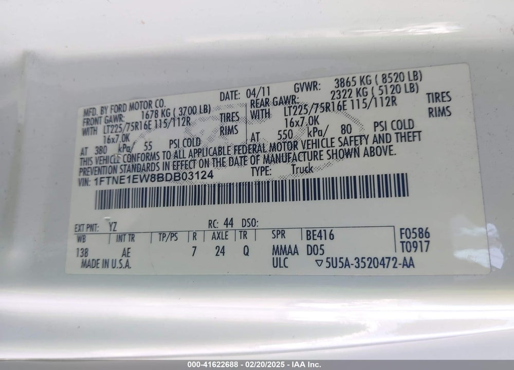 2011 FORD E-150 COMMERCIAL VIN: 1FTNE1EW8BDB03124