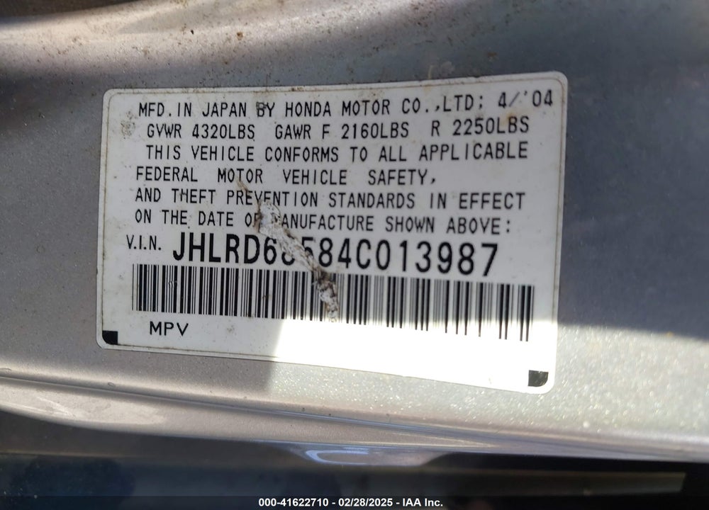 2004 HONDA CR-V LX VIN: JHLRD68584C013987