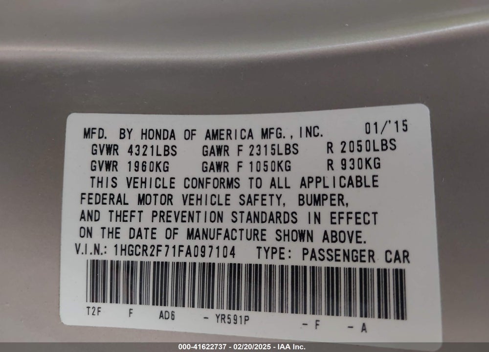 2015 HONDA ACCORD EX VIN: 1HGCR2F71FA097104