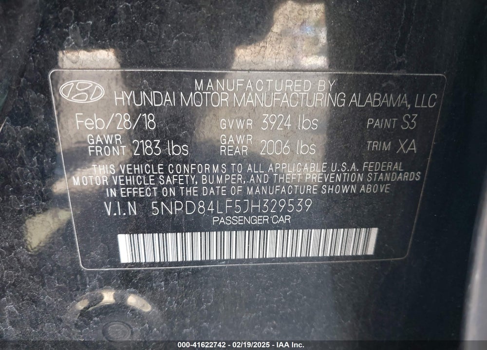 2018 HYUNDAI ELANTRA SEL VIN: 5NPD84LF5JH329539