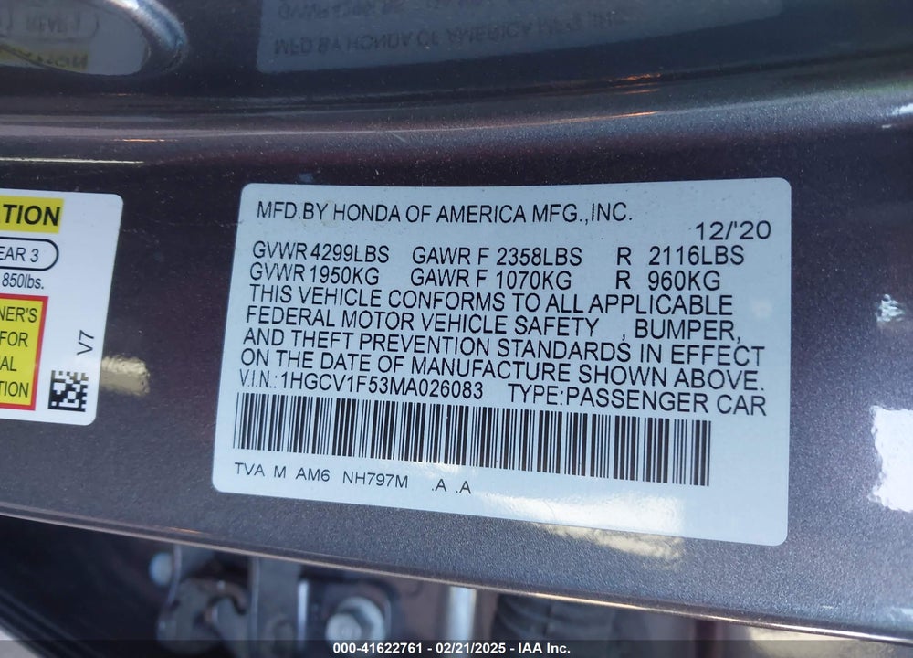 2021 HONDA ACCORD VIN: 1HGCV1F53MA026083
