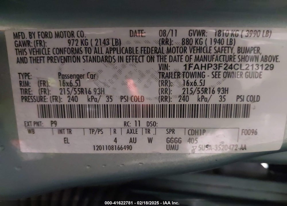 2012 FORD FOCUS VIN: 1FAHP3F24CL213129