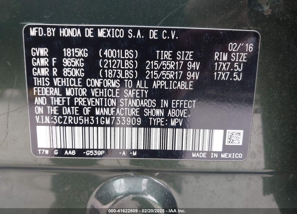 2016 HONDA HR-V VIN: 3CZRU5H31GM733909