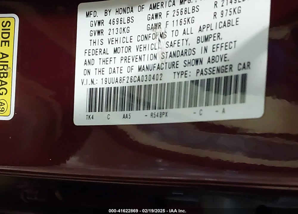 2012 ACURA TL VIN: 19UUA8F26CA030402