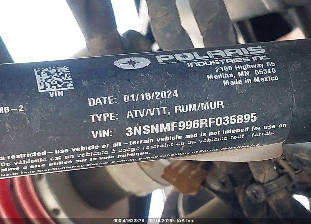 2024 POLARIS RZR XP 4 1000 ULTIMATE VIN: 3NSNMF996RF035895