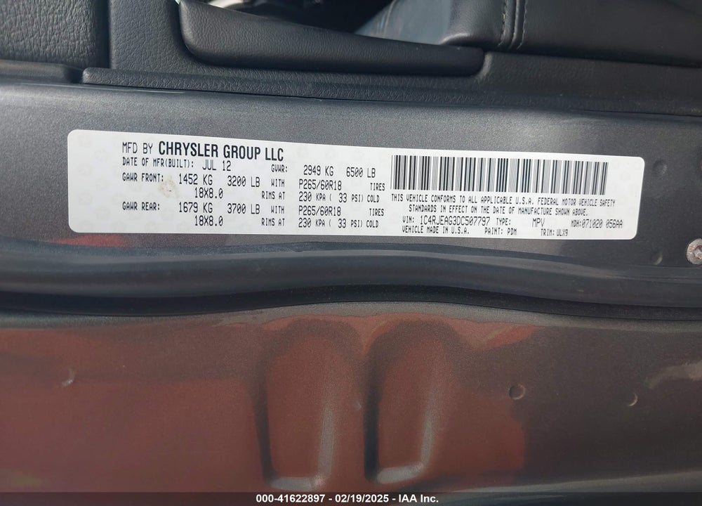 2013 JEEP GRAND CHEROKEE VIN: 1C4RJEAG3DC507797