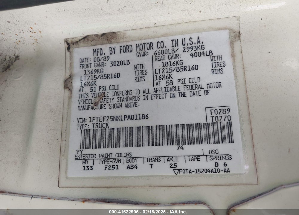 1990 FORD F250 VIN: 1FTEF25NXLPA01186