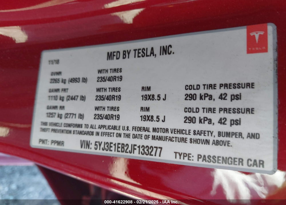 2018 TESLA MODEL 3 LONG RANGE/PERFORMANCE VIN: 5YJ3E1EB2JF133277