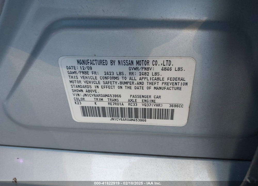 2010 INFINITI G37X VIN: JN1CV6AR0AM453966