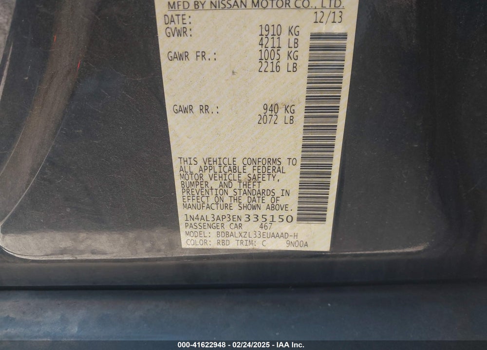 2014 NISSAN ALTIMA 2.5 SL VIN: 1N4AL3AP3EN335150
