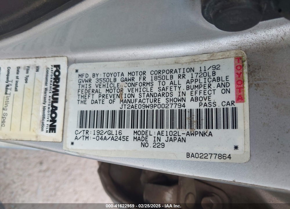 1993 TOYOTA COROLLA DX VIN: JT2AE09W9P0027794