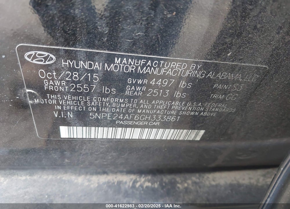 2016 HYUNDAI SONATA VIN: 5NPE24AF6GH333861