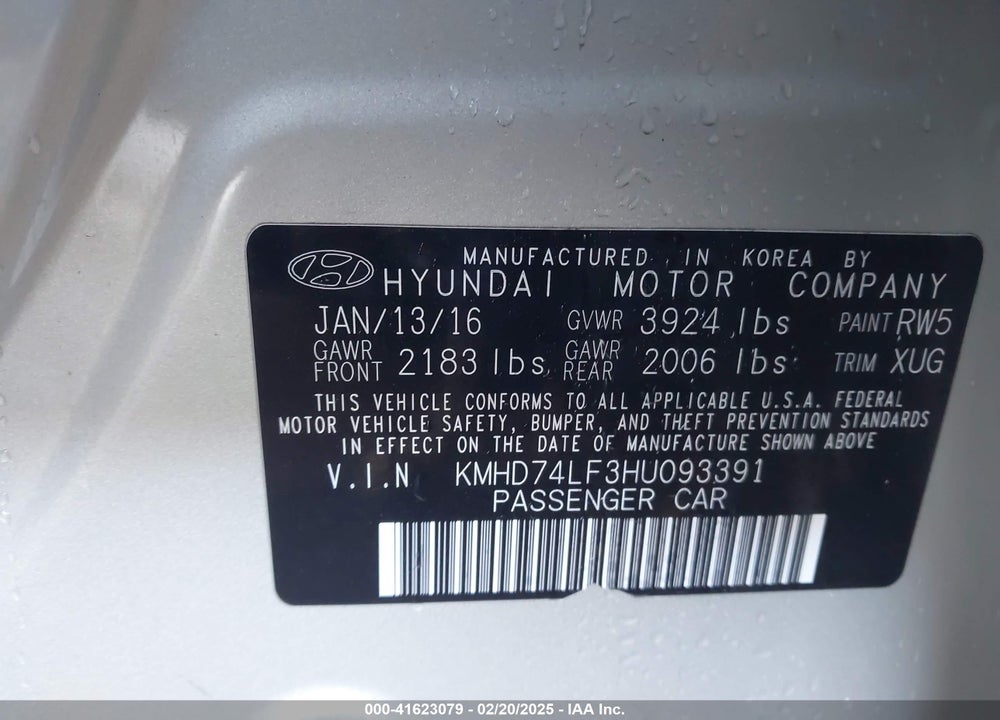 2017 HYUNDAI ELANTRA VIN: KMHD74LF3HU093391