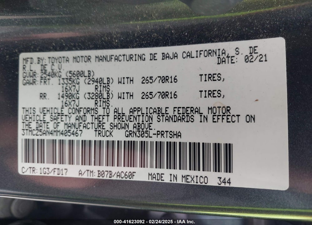 2021 TOYOTA TACOMA VIN: 3TMCZ5AN4MM405467