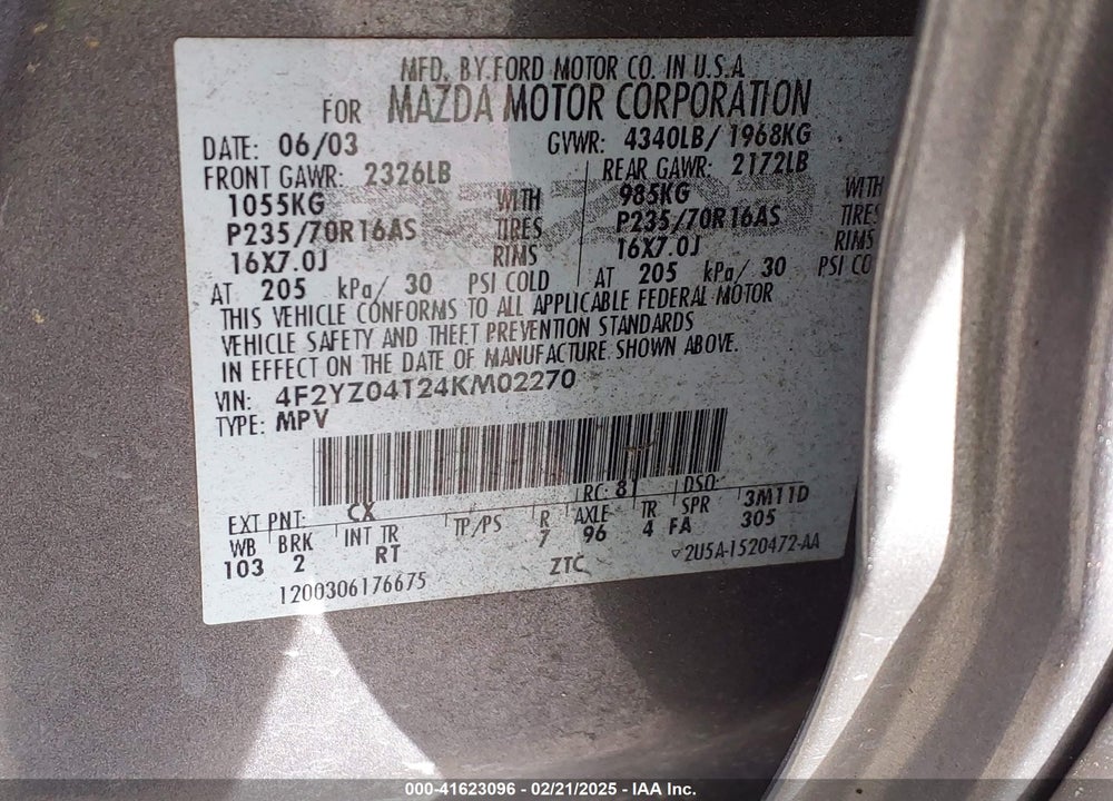 2004 MAZDA TRIBUTE LX V6 VIN: 4F2YZ04124KM02270