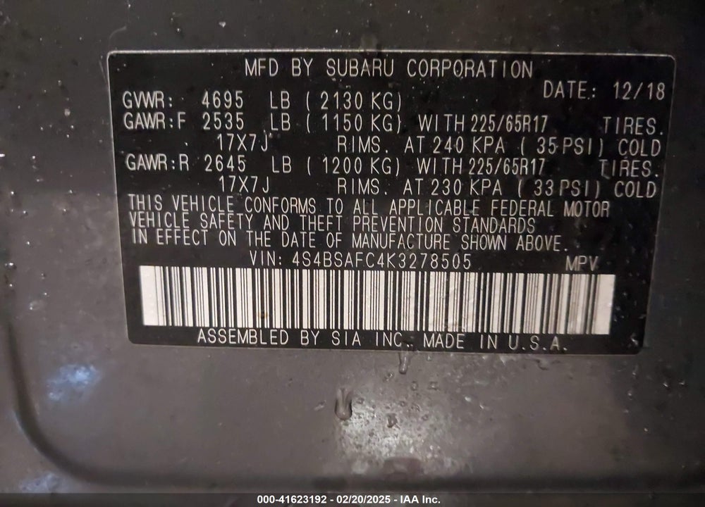 2019 SUBARU OUTBACK VIN: 4S4BSAFC4K3278505