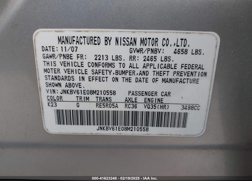 2008 INFINITI G35 VIN: JNKBV61E08M210558