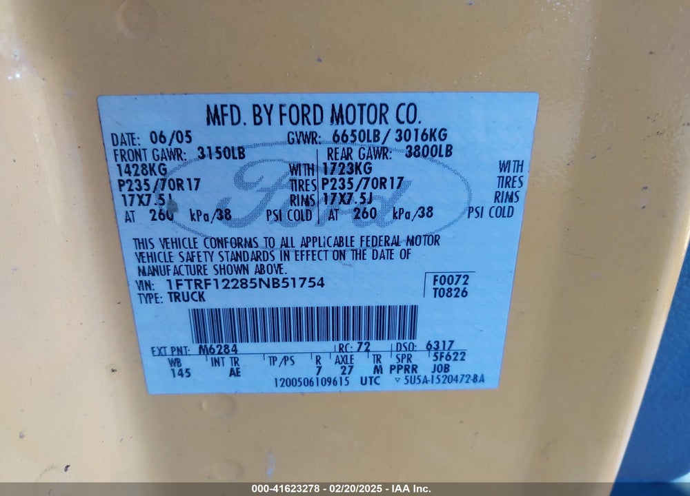 2005 FORD F-150 STX/XL/XLT VIN: 1FTRF12285NB51754