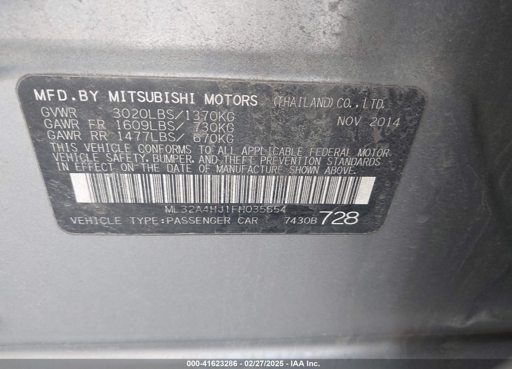 2015 MITSUBISHI MIRAGE VIN: ML32A4HJ1FH035654